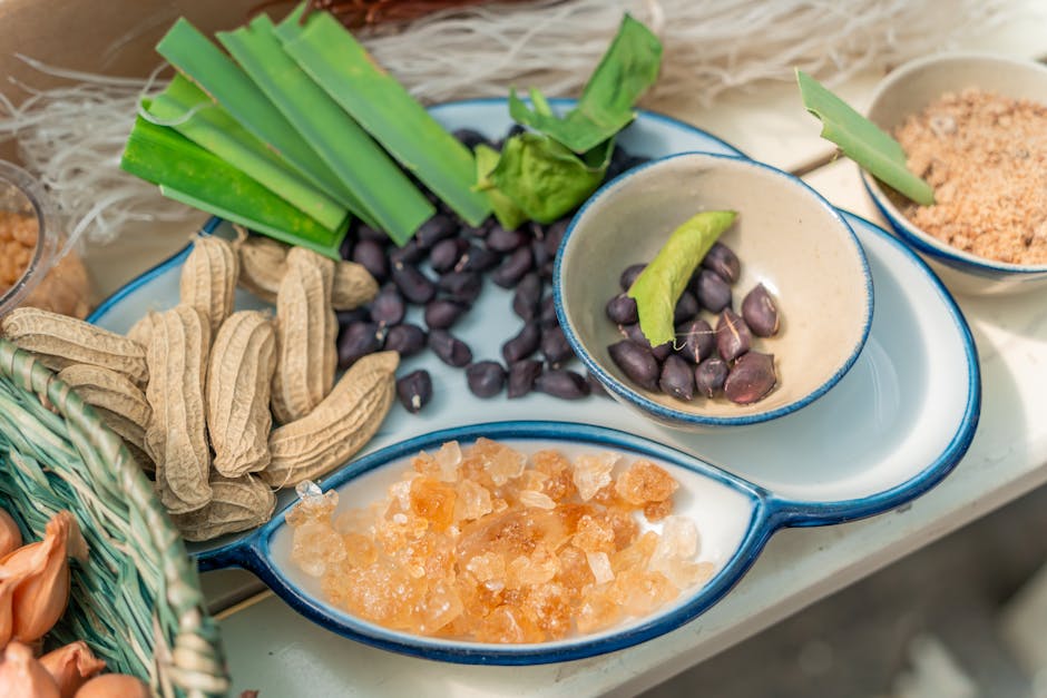 Beautiful display of diverse ingredients on a stylish ceramic plate, perfect for culinary presentations.